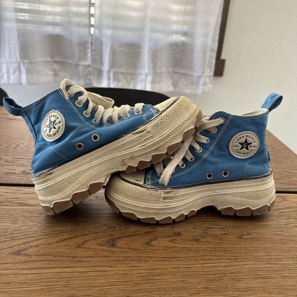 Loee Reach High Top Size 6.5 Denim Blue & White Thick Bottom Canvas Shoes